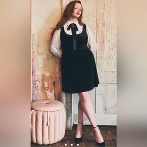 Eloquii Tie Neck Black Velvet Dress with White Button Up Top (Connected)